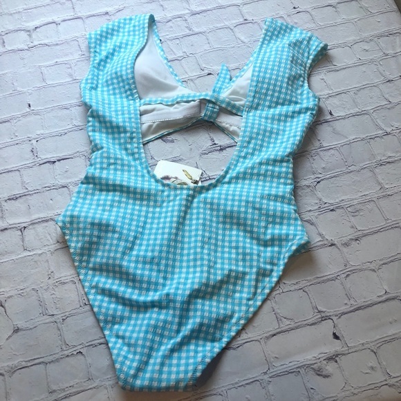 Jessica Simpson cap sleeve bow front blue white check gingham swimsuit Medium - Picture 7 of 8